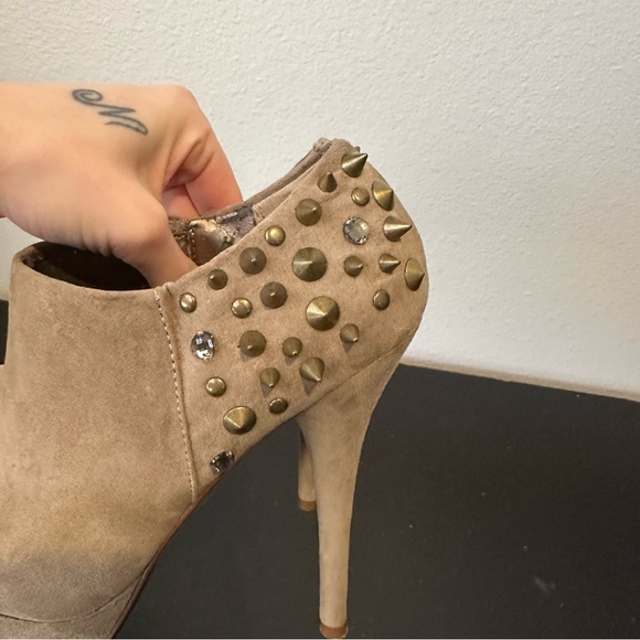 Aldo Brown Faux Suede Studded Rhinestone Heeled Ankle Boots - Picture 8 of 17